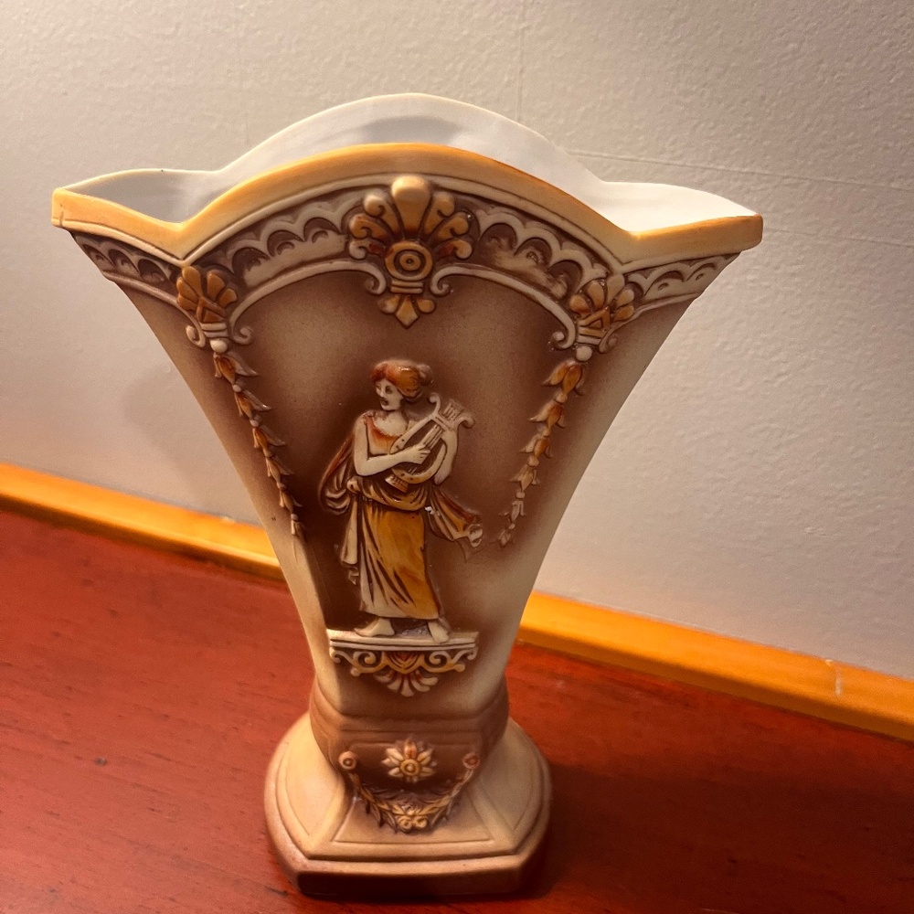 Antique Shafer & Vater Jasperware Porcelain Vase-Woman with Harp-made in Germany